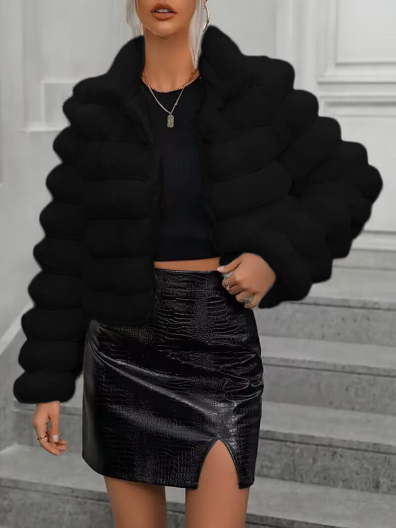 Women Faux Fur Jacket Short Double Collar Winter Coat