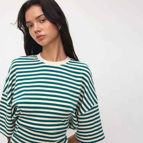 Women Round Neck Asymmetric Striped Mid Sleeve Top T Shirt