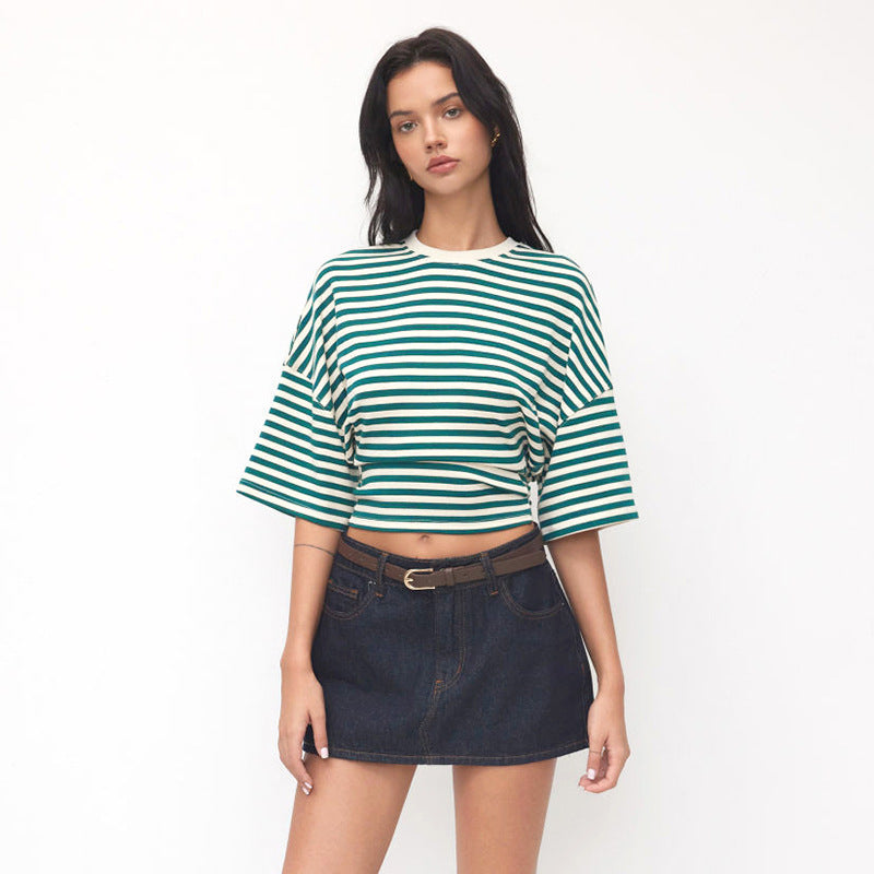 Women Round Neck Asymmetric Striped Mid Sleeve Top T Shirt