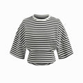 Women Round Neck Asymmetric Striped Mid Sleeve Top T Shirt