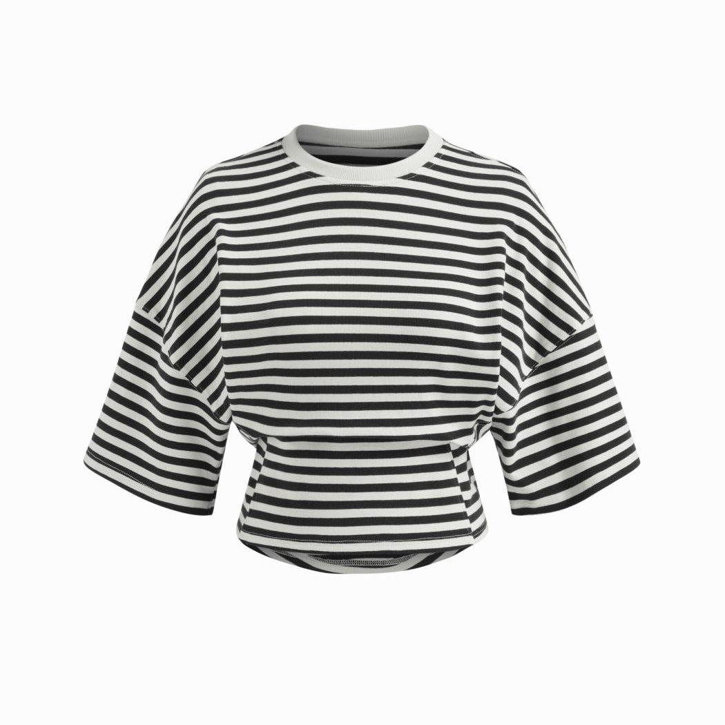 Women Round Neck Asymmetric Striped Mid Sleeve Top T Shirt