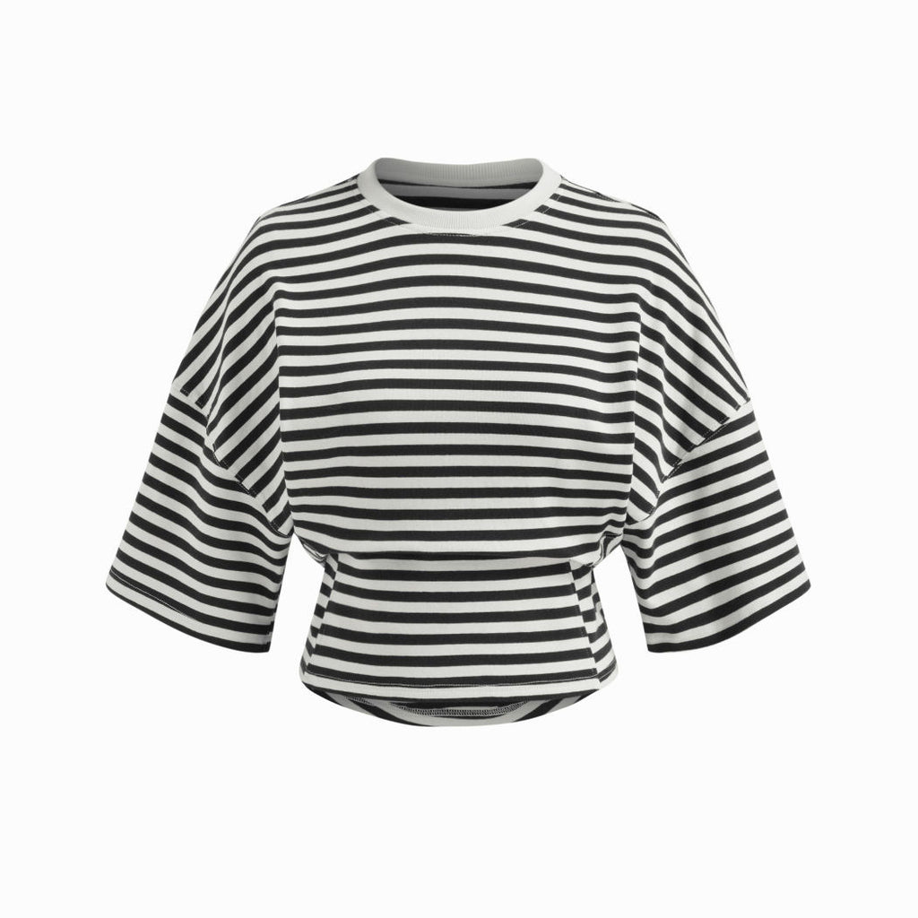 Women Round Neck Asymmetric Striped Mid Sleeve Top T Shirt