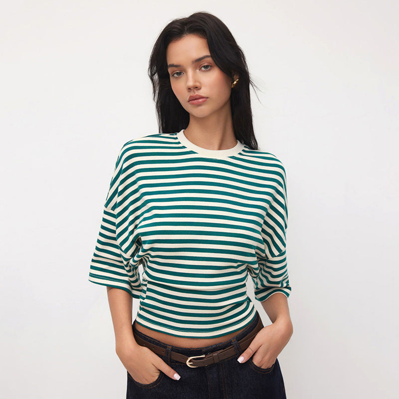 Women Round Neck Asymmetric Striped Mid Sleeve Top T Shirt