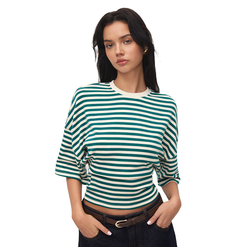 Women Round Neck Asymmetric Striped Mid Sleeve Top T Shirt
