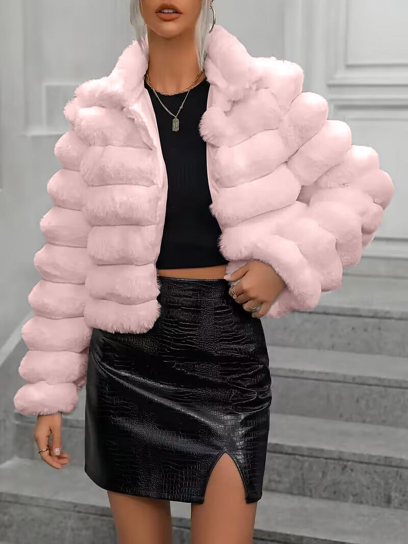 Women Faux Fur Jacket Short Double Collar Winter Coat